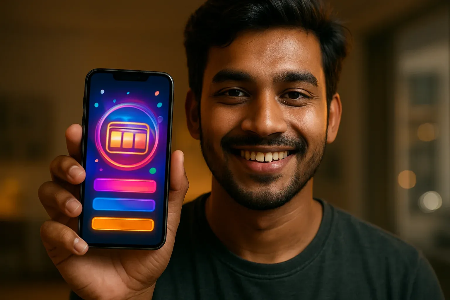 Young Bangladeshi man smiling and showing colorful mobile casino app screen