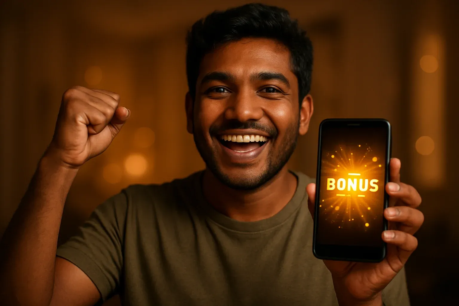 Joyful Bangladeshi man holding smartphone with glowing bonus notification screen
