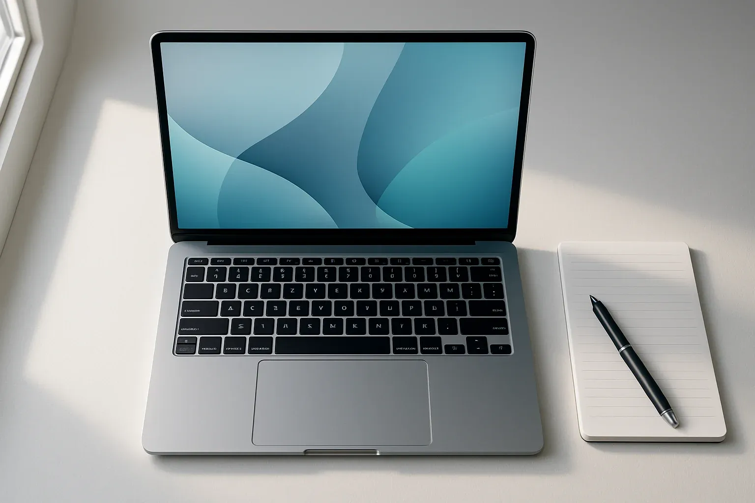 Modern laptop on white desk with pen and notepad in daylight