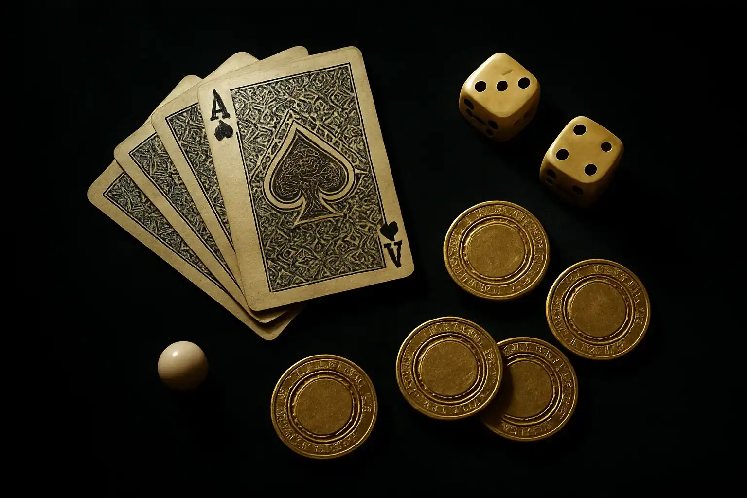 Top-down casino scene with chips, cards, dice, and roulette ball