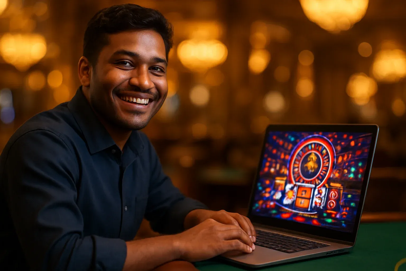 Cheerful Bangladeshi man with open laptop at premium casino lounge