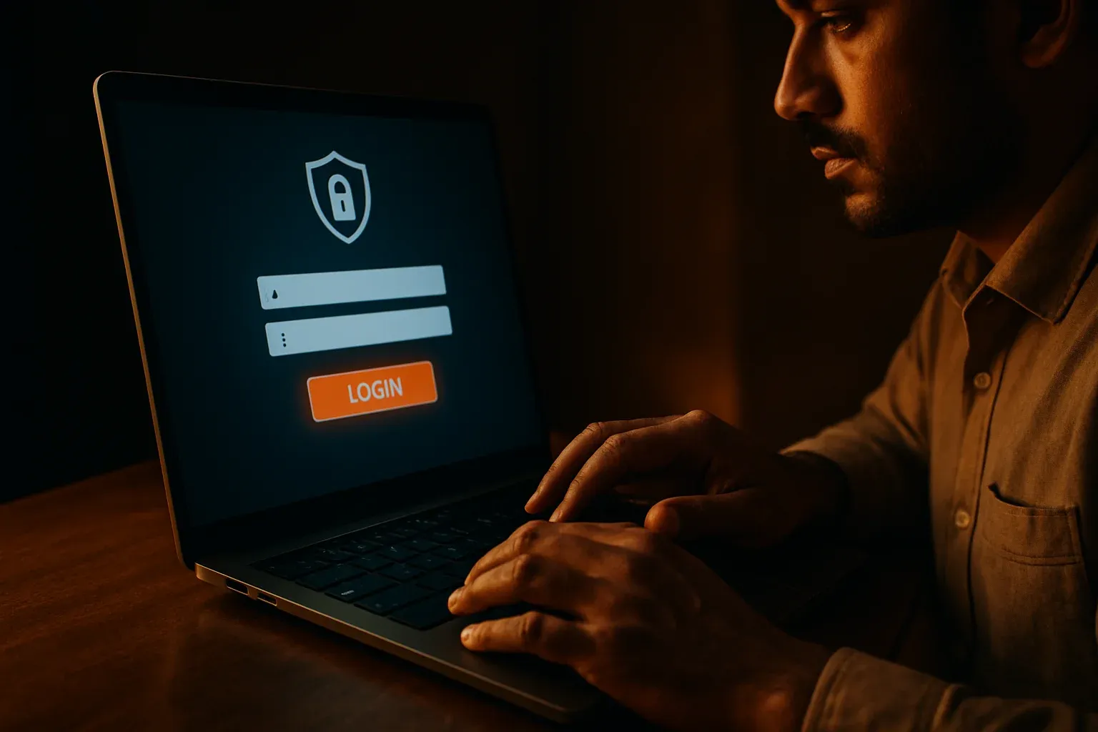 Bangladeshi man's hands on laptop showing stylized login form screen