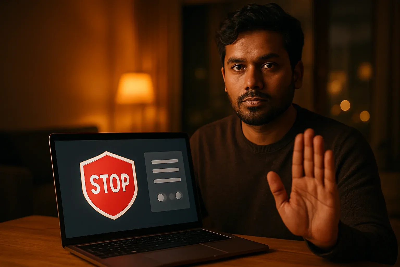 Bangladeshi man showing stop gesture beside laptop with responsible gambling screen