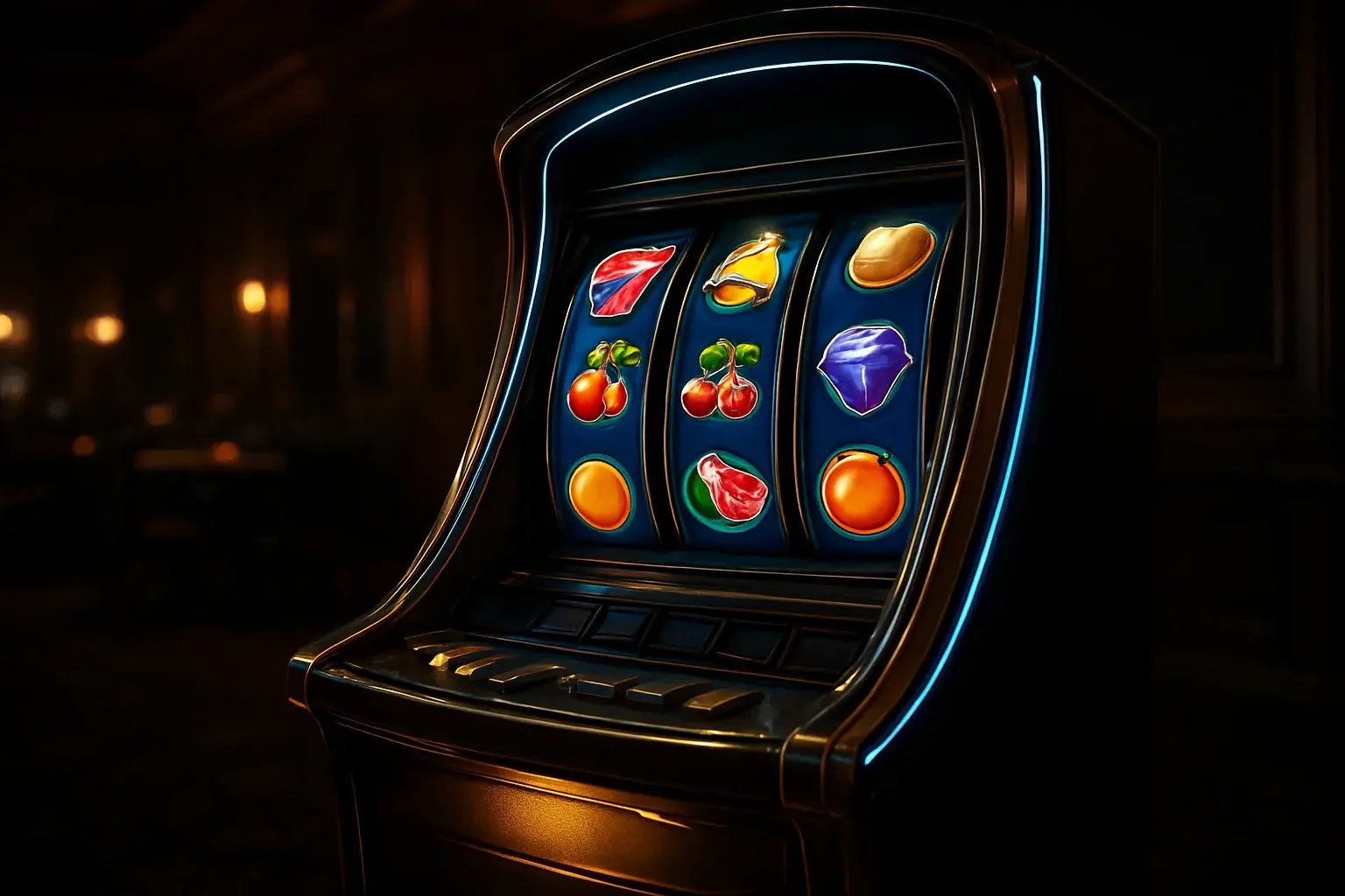 Hyperrealistic premium slot machine with glowing reels in a dark luxury casino